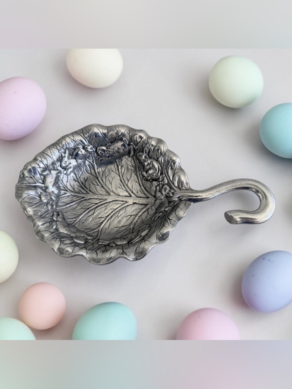 Vintage Arthur Court Bunny Aluminum Cabbage Leaf Bowl with Hook Handle 1990